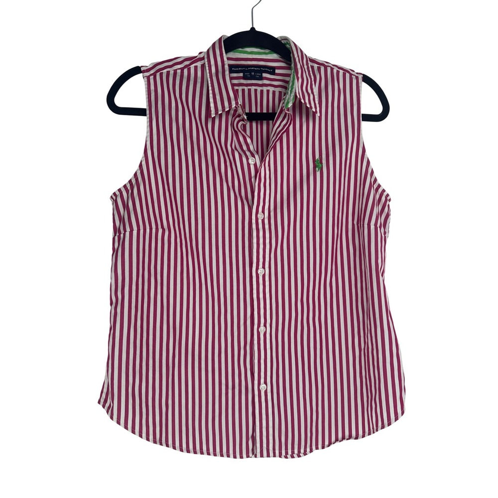 Ralph Lauren Sport Pink White Striped Button Down Shirt Womens 12 Country Club